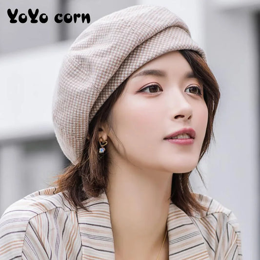 YOYOCORN Plaid Vintage Octagonal Casual  Autumn girl Cap Panama Women Wool beret For Elegant lady Winter Female Cotton Hats