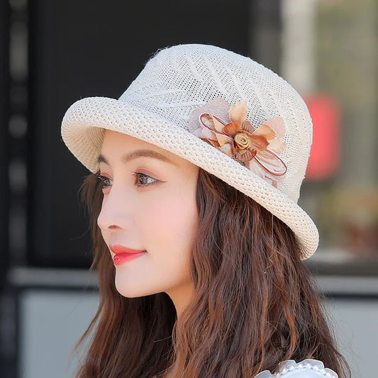 2021 New Summer Sun Hats Women Fashion Female Girl Flower Beach Hat Casual Straw Flat Dome Crimping Basin Cap Bone Feminino