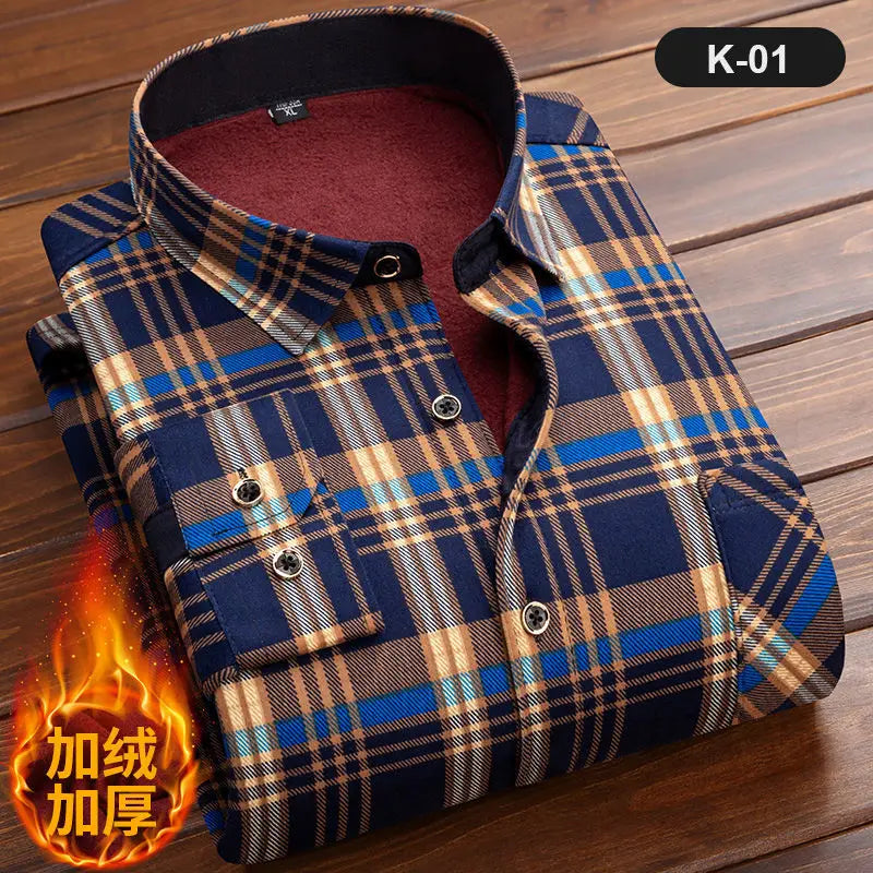 2024 Men Fleece Shirt New Autumn Winter Male Long Sleeve Plaid Shirt Thick Fleece Lined Soft Casual Flannel Warm Dress Shirt 5XL