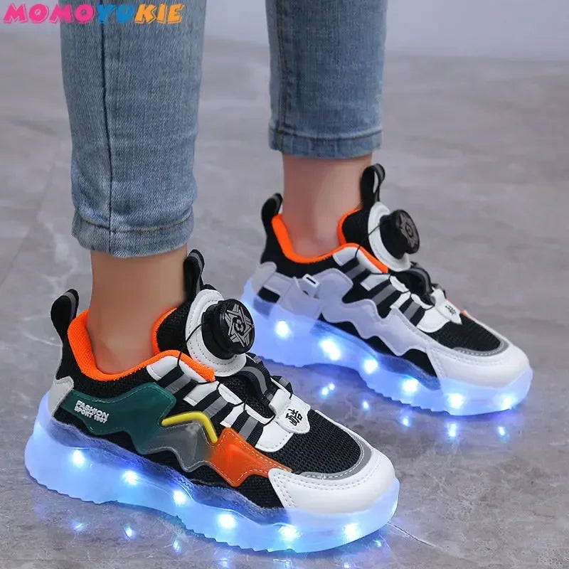 2024 Rotating Button Luminous Sneakers Men's Girls Colorful Soles Usb Rechargeable Fashion Breathable Children's Luminous Sneakers