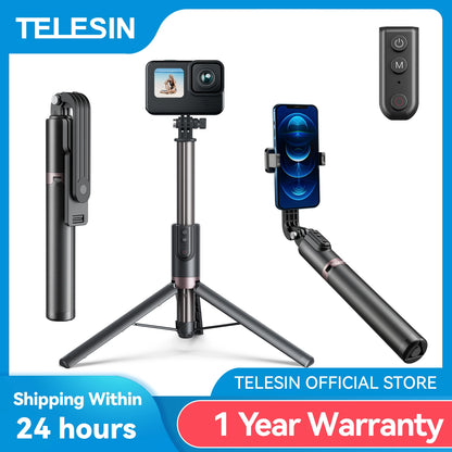 2024 TELESIN 1.3M Selfie Stick Tripod With Wireless Bluetooth Remote Control for GoPro Insta 360 DJI Action Camera For Smart Phone