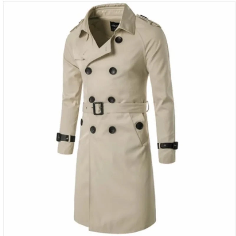 2024 New Mens Spring Autumn Windbreak Overcoat Long Trench Coats with Belt Male Pea Coat Double Breasted Peacoat