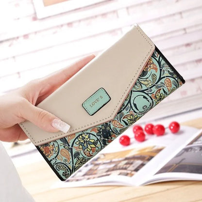 2024 Wristlet Fashion Envelope Women Wallet Hit Color 3Fold Flowers Printing PU Leather Wallet Long Ladies Clutch Coin Phone Purse