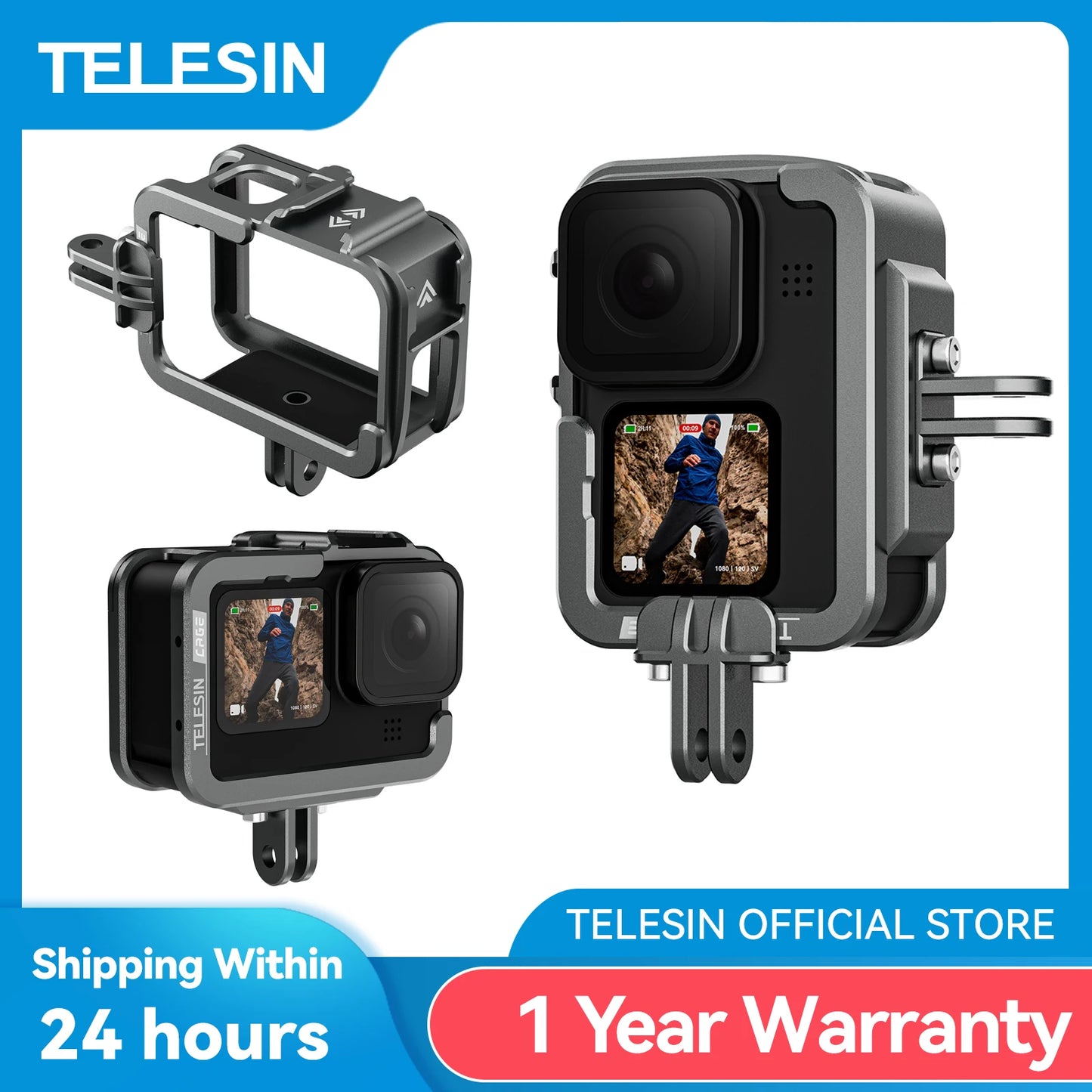 2024 TELESIN Aluminium Alloy Frame Case For GoPro 9 10 11 12 Double Clod Shoe Protective shell For GoPro Hero 9 10 11 Accessories