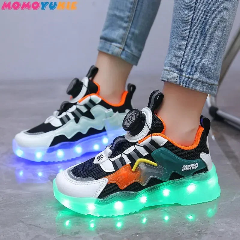 2024 Rotating Button Luminous Sneakers Men's Girls Colorful Soles Usb Rechargeable Fashion Breathable Children's Luminous Sneakers