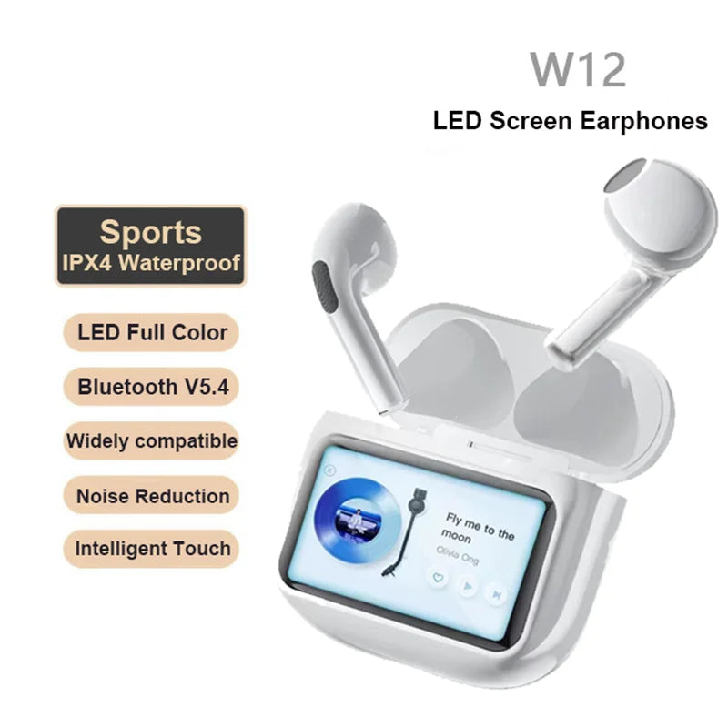 2024 New W12 LED Full Color Touch Screen Earphones Noise Reduction Headphones Wireless Bluetooth 5.4 IPX4 Sports Earbuds