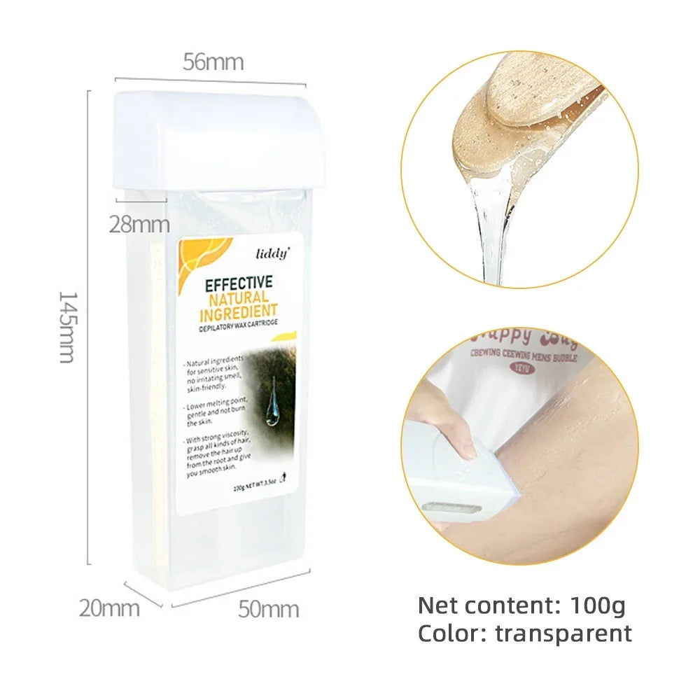 100g Honey Hot Depilatory Hair Removal Wax Cartridge - Transparent, Natural Body Hair Remover, Heating Roller Wax