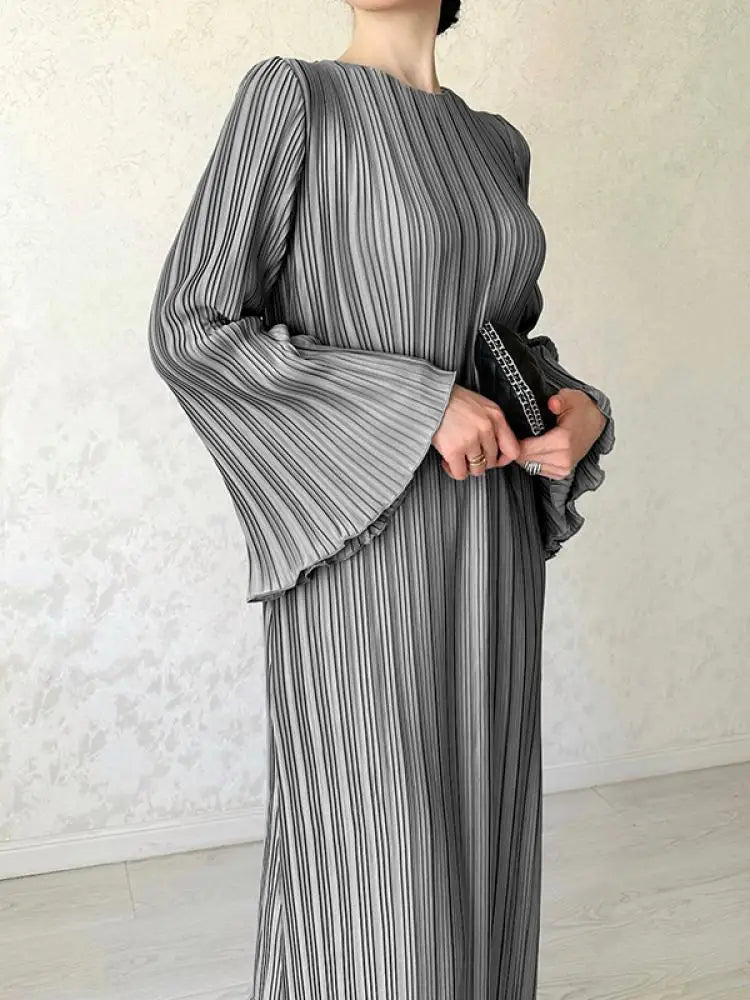 Yeezzi Women 2024 Elegant Flared Sleeves Solid Color Pleated Ruffled Evening Dress Spring Autumn New Year Party A-Line Maxi Dresses