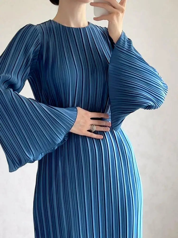 Yeezzi Women 2024 Elegant Flared Sleeves Solid Color Pleated Ruffled Evening Dress Spring Autumn New Year Party A-Line Maxi Dresses