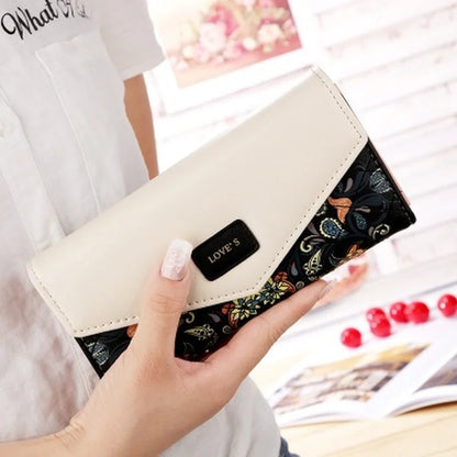 2024 Wristlet Fashion Envelope Women Wallet Hit Color 3Fold Flowers Printing PU Leather Wallet Long Ladies Clutch Coin Phone Purse