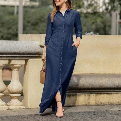 2024 Autumn Elegant Women's Denim Dress Long Sleeve Buttons Shirt Long Dress Female Fashion New Elegant Casual Ladies Clothes