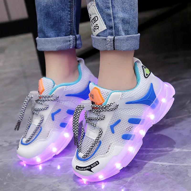 2024 USB Charging Children's LED Light Shoes Spring Mesh Breathable Boys and Girls' Running Shoes Luminous Children's Casual Shoes