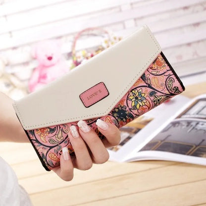 2024 Wristlet Fashion Envelope Women Wallet Hit Color 3Fold Flowers Printing PU Leather Wallet Long Ladies Clutch Coin Phone Purse