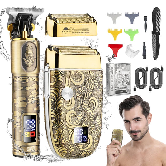 2 in 1 All Metal Oil Head Carving Hair Trimmer + Electric Shaver Men's Vintage Bald Hair Clipper Suit Multifunction Grooming Kit