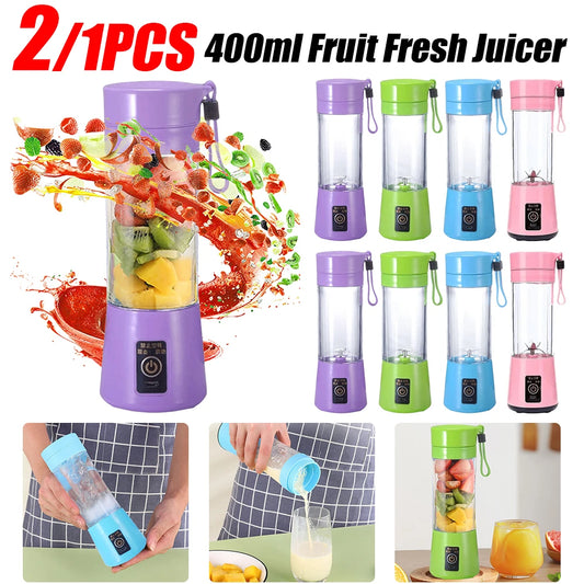 2/1PCS 400ml Portable USB Electric Juicer - Automatic Fruit Squeezer, 6-Blade Crusher, Fresh Juice Processor