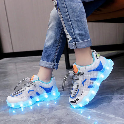 2024 USB Charging Children's LED Light Shoes Spring Mesh Breathable Boys and Girls' Running Shoes Luminous Children's Casual Shoes