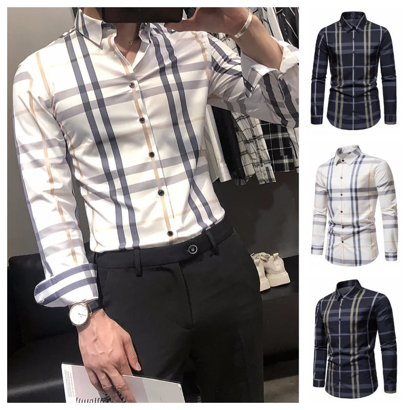 2024 New Men's Shirt Stripe Plaid Loose Business Casual High Quality Shirts Black and White long sleeve t shirt men