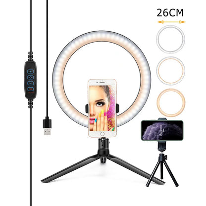 10inch Dimmable Ring Light Selfie LED Round Lamps USB With Phone Holder Tripod Stand For Tiktok Video Light Makeup Photography