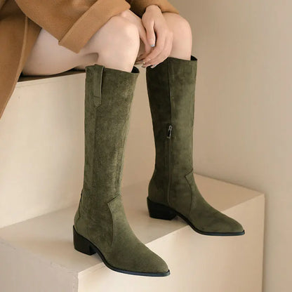 2024 Winter New Faux Suede Leather Army Green Olive Apricot Color Plus Size 44 45 46 Western Office Lady Womens Kneehigh Boots