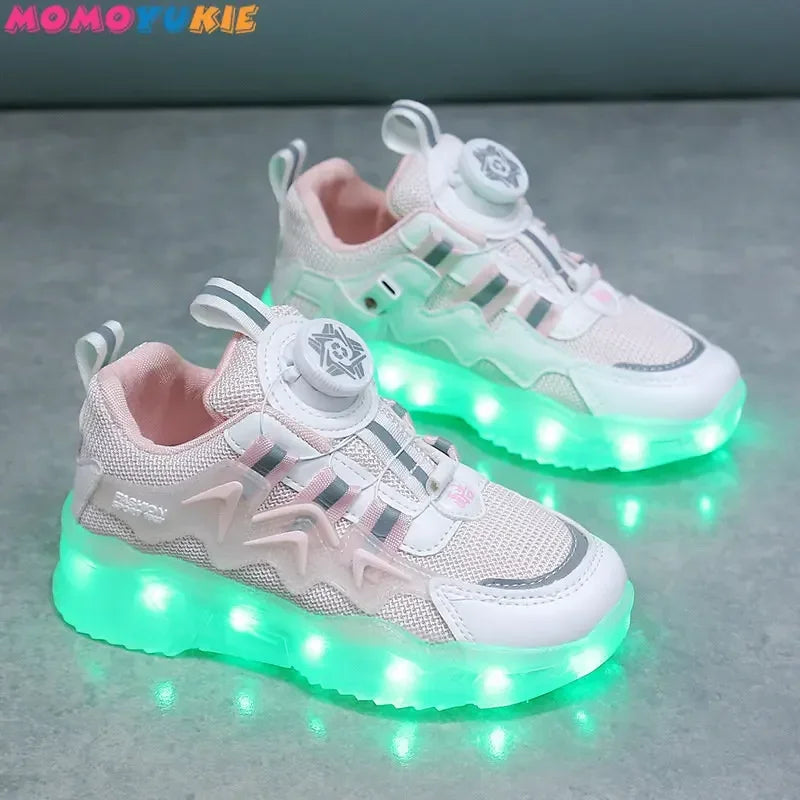 2024 Rotating Button Luminous Sneakers Men's Girls Colorful Soles Usb Rechargeable Fashion Breathable Children's Luminous Sneakers