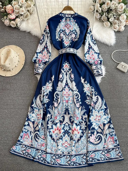 2024 New Spring Summer Women Print Flower Fashion Vintage Stand Collar Long Sleeve Belt Casual Holiday Beach Maxi Dresses