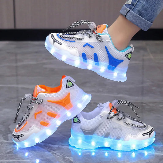 2024 USB Charging Children's LED Light Shoes Spring Mesh Breathable Boys and Girls' Running Shoes Luminous Children's Casual Shoes