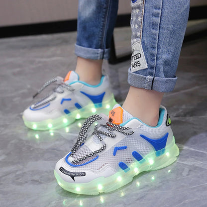 2024 USB Charging Children's LED Light Shoes Spring Mesh Breathable Boys and Girls' Running Shoes Luminous Children's Casual Shoes