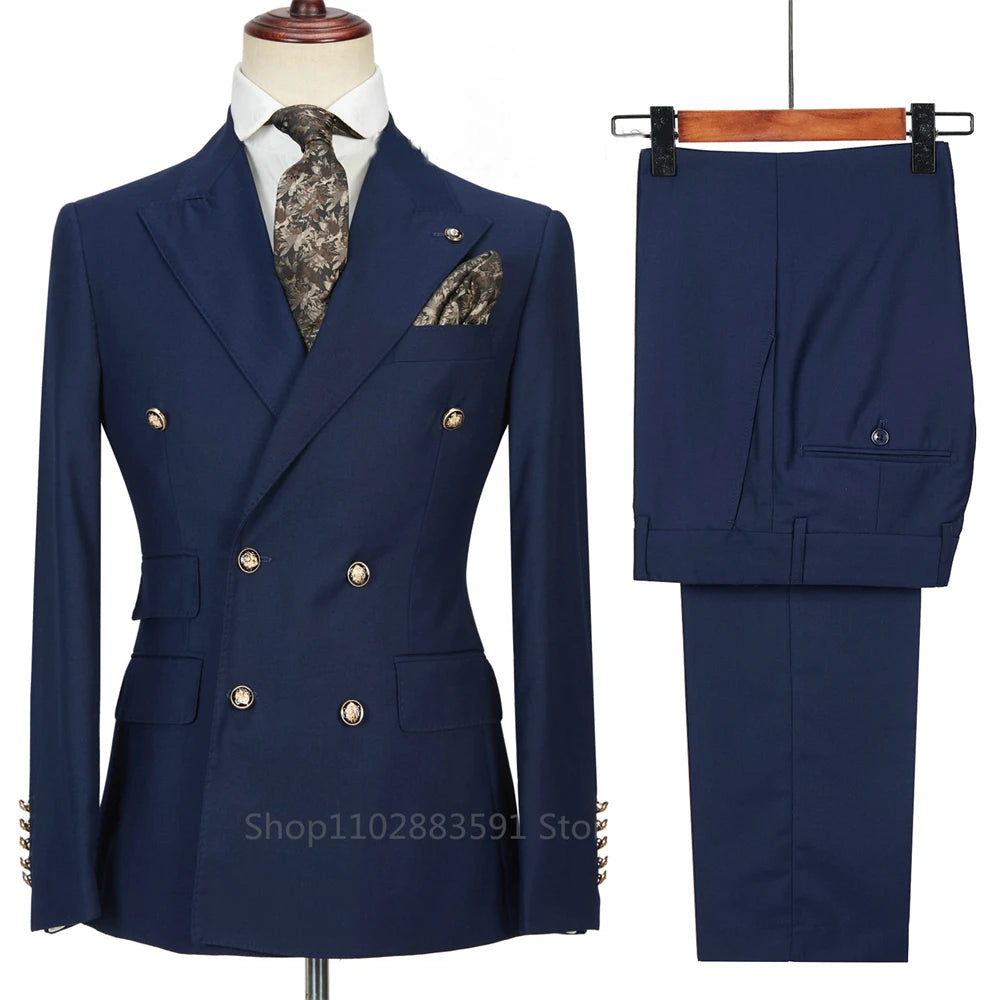 2024 Fashion New Men's Business Double Breasted Solid Color Suit Coat / Male Slim Wedding 2 Pieces Blazers Jacket Pants Trousers