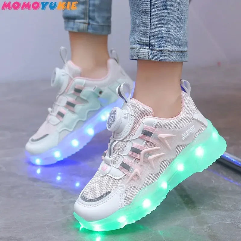 2024 Rotating Button Luminous Sneakers Men's Girls Colorful Soles Usb Rechargeable Fashion Breathable Children's Luminous Sneakers