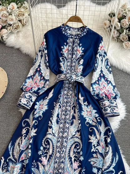 2024 New Spring Summer Women Print Flower Fashion Vintage Stand Collar Long Sleeve Belt Casual Holiday Beach Maxi Dresses