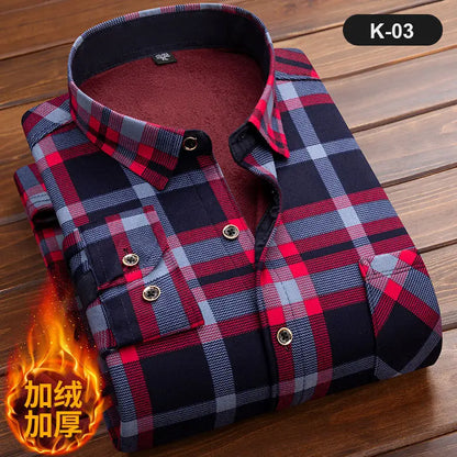 2024 Men Fleece Shirt New Autumn Winter Male Long Sleeve Plaid Shirt Thick Fleece Lined Soft Casual Flannel Warm Dress Shirt 5XL