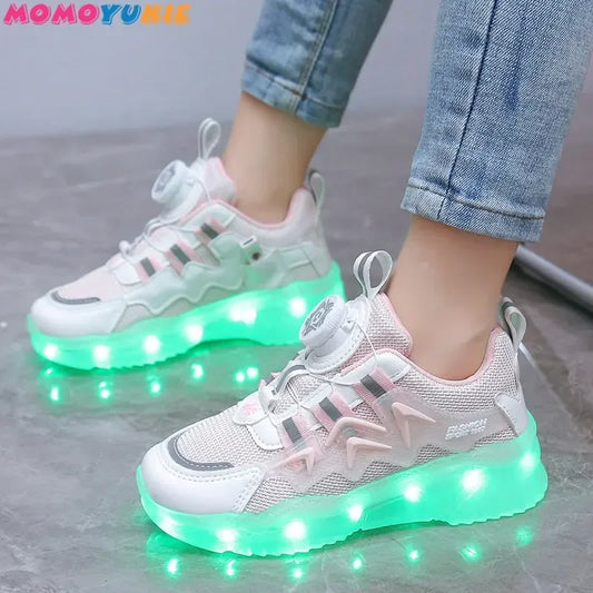 2024 Rotating Button Luminous Sneakers Men's Girls Colorful Soles Usb Rechargeable Fashion Breathable Children's Luminous Sneakers