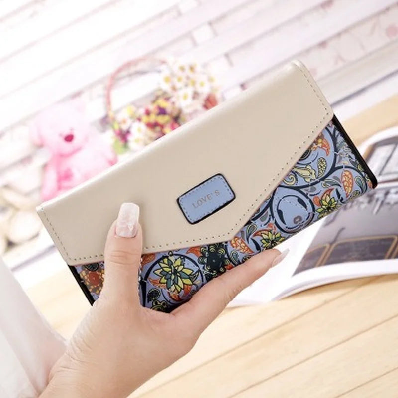 2024 Wristlet Fashion Envelope Women Wallet Hit Color 3Fold Flowers Printing PU Leather Wallet Long Ladies Clutch Coin Phone Purse