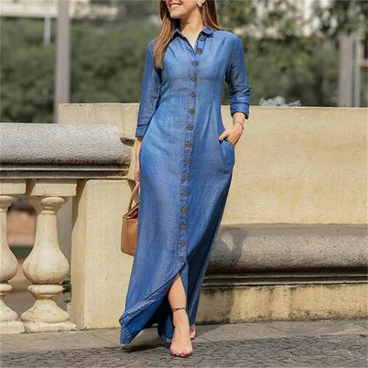 2024 Autumn Elegant Women's Denim Dress Long Sleeve Buttons Shirt Long Dress Female Fashion New Elegant Casual Ladies Clothes