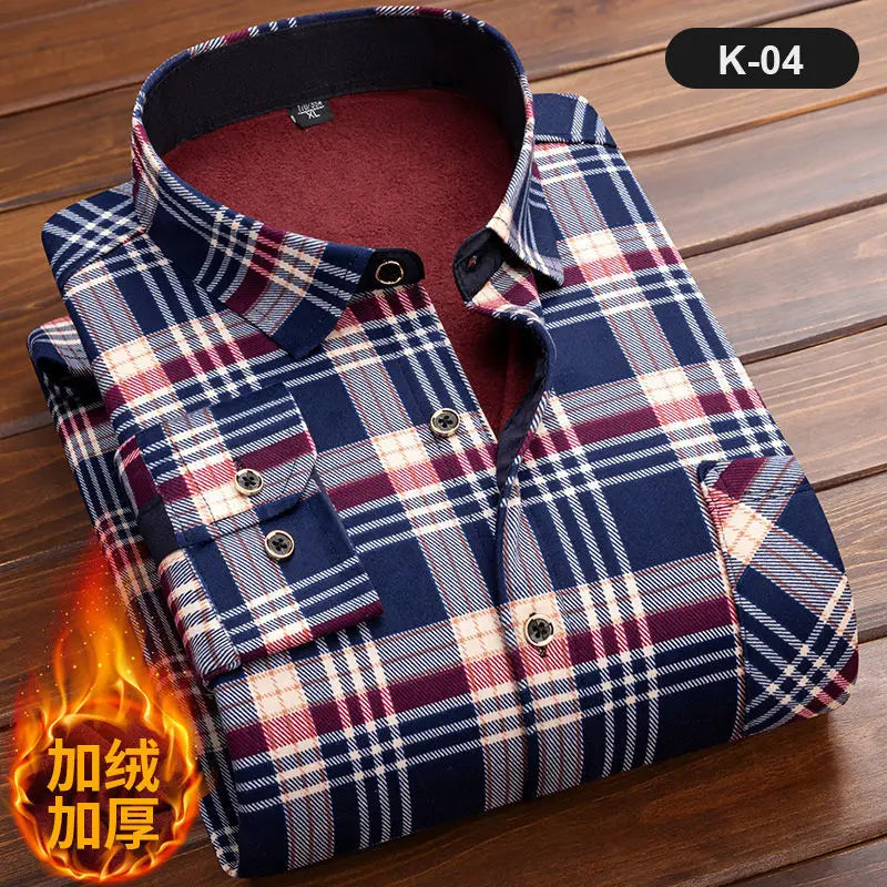 2024 Men Fleece Shirt New Autumn Winter Male Long Sleeve Plaid Shirt Thick Fleece Lined Soft Casual Flannel Warm Dress Shirt 5XL