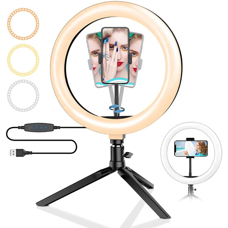 10inch Dimmable Ring Light Selfie LED Round Lamps USB With Phone Holder Tripod Stand For Tiktok Video Light Makeup Photography