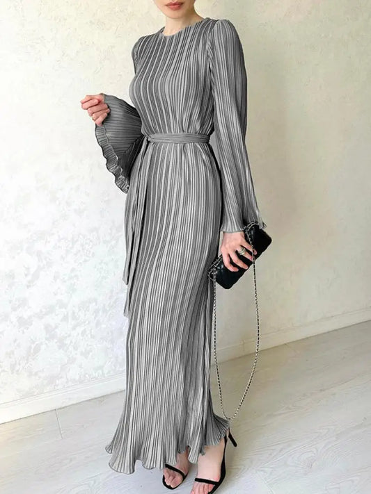 Yeezzi Women 2024 Elegant Flared Sleeves Solid Color Pleated Ruffled Evening Dress Spring Autumn New Year Party A-Line Maxi Dresses