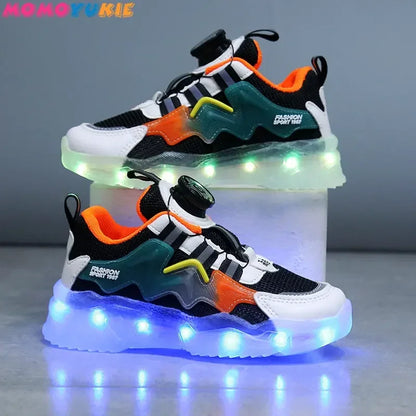 2024 Rotating Button Luminous Sneakers Men's Girls Colorful Soles Usb Rechargeable Fashion Breathable Children's Luminous Sneakers