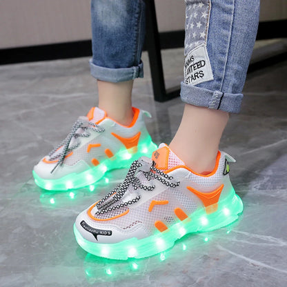 2024 USB Charging Children's LED Light Shoes Spring Mesh Breathable Boys and Girls' Running Shoes Luminous Children's Casual Shoes