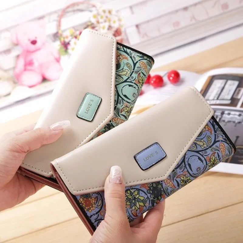 2024 Wristlet Fashion Envelope Women Wallet Hit Color 3Fold Flowers Printing PU Leather Wallet Long Ladies Clutch Coin Phone Purse