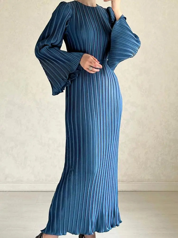 Yeezzi Women 2024 Elegant Flared Sleeves Solid Color Pleated Ruffled Evening Dress Spring Autumn New Year Party A-Line Maxi Dresses