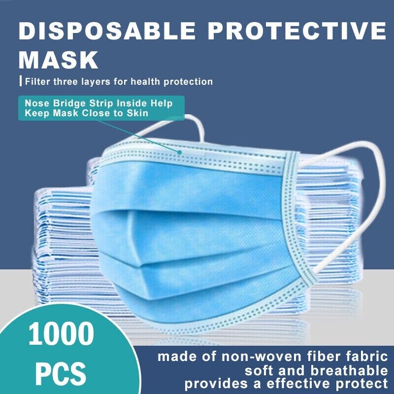 1000 Pcs Disposable Face Mask Non Medical Surgical 3-Ply Earloop Mouth Cover USA